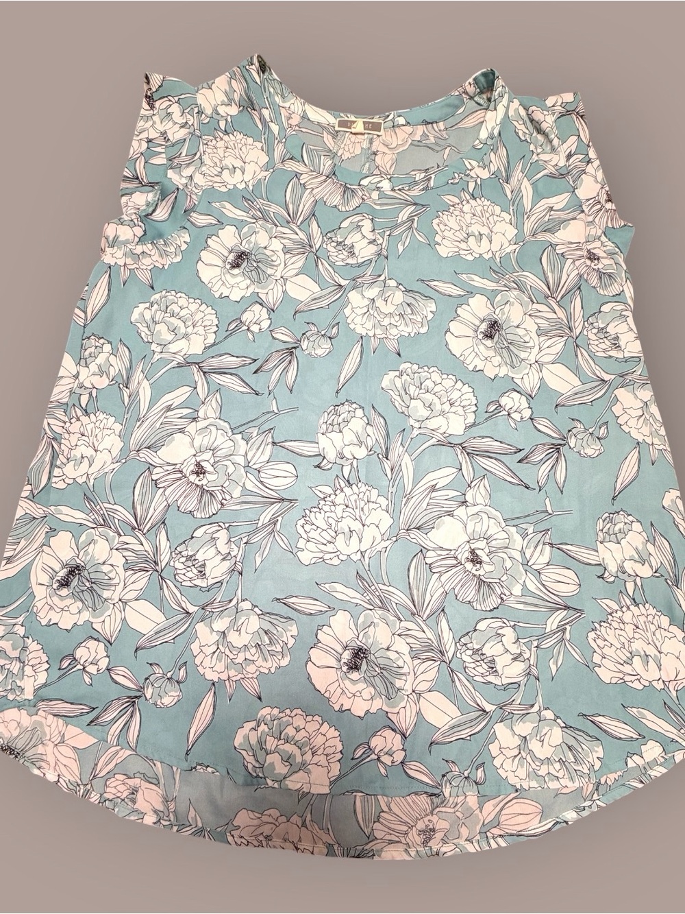 Pleione Floral Blouse XL Aqua Blue White Sleeveless Hi Low Flowy Tunic